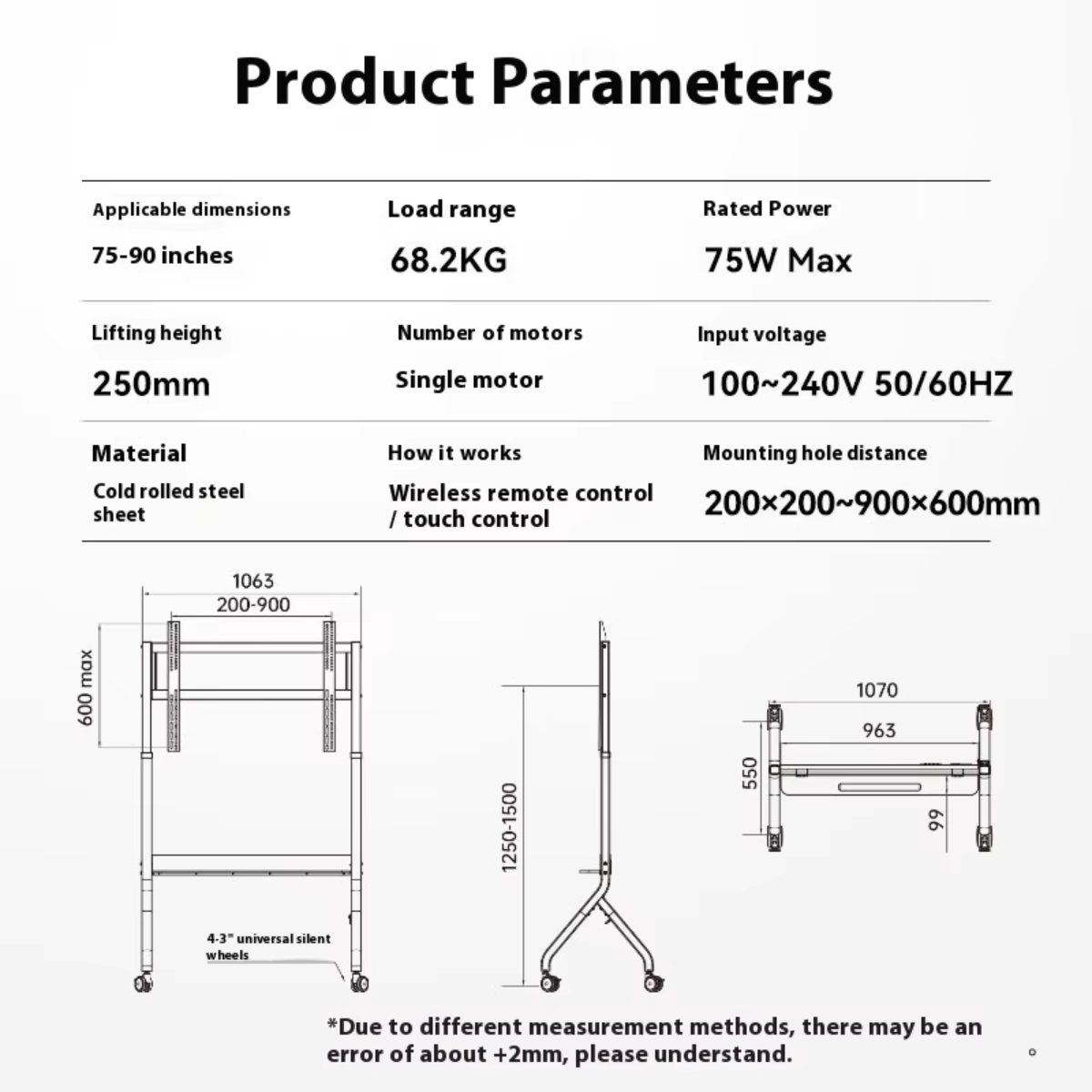 TV Movable Floor Stand Motorised Steel Video Conference Cart Remote Control Electric Adjustable Height Interactive Panel (43-90" / 68.2 Kgs Load Capacity |P150) free shipping