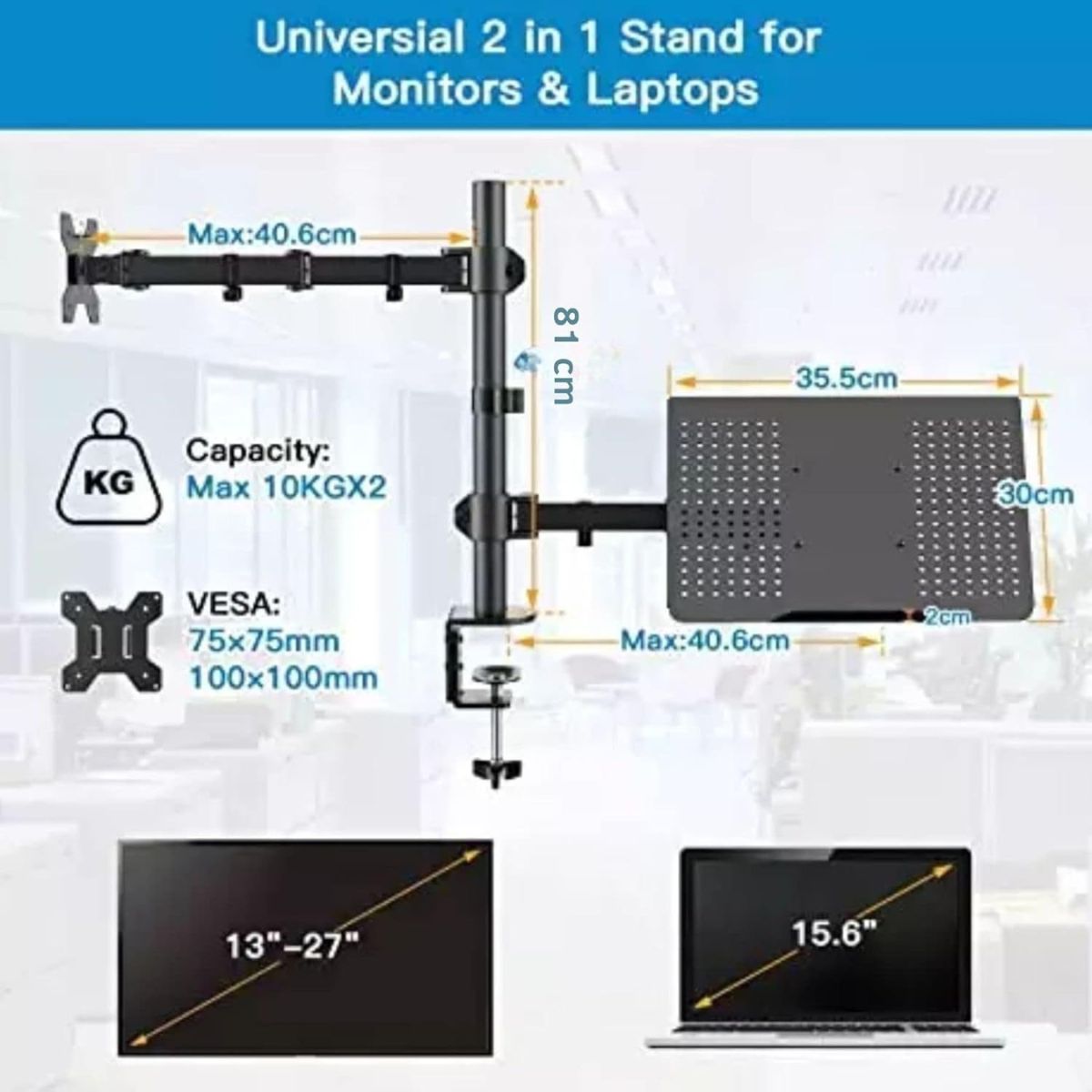 Laptop Desk Arm with Clamp and Grommet, Swivel and Tilt Function (Long Pole Monitor & Laptop Desk Arm)