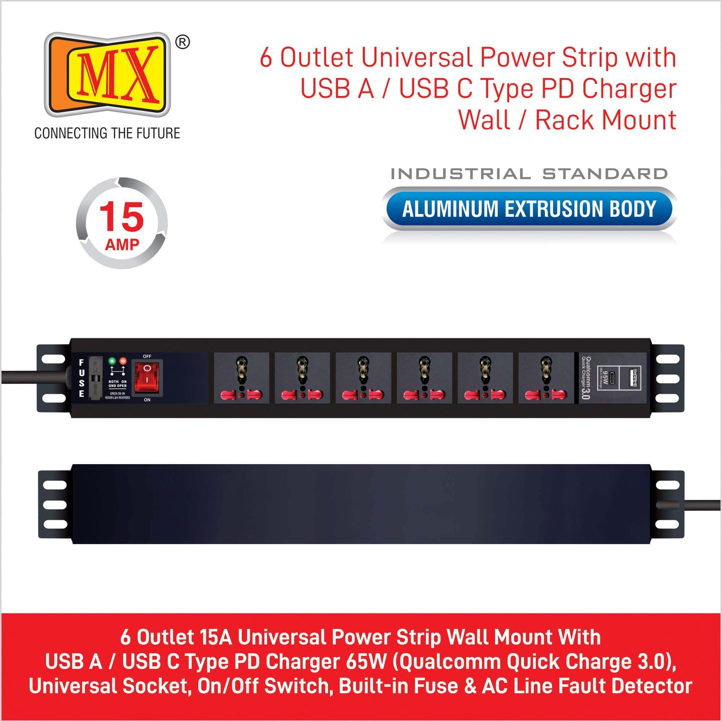 MX 6 Outlet Surge 15A Power Didstribution Unit with USB-C, Wall Mount, 1.5m free shipping