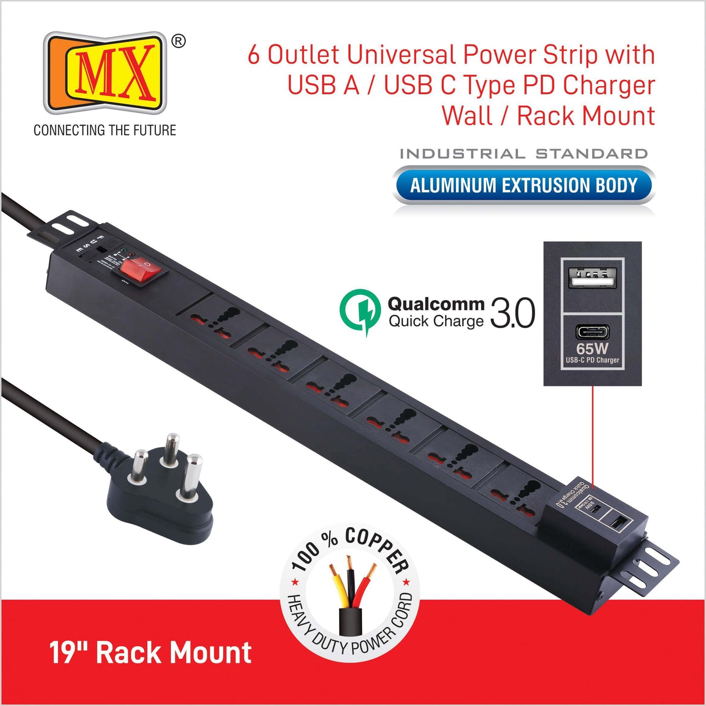 MX 6 Outlet Surge 15A Power Didstribution Unit with USB-C, Wall Mount, 1.5m free shipping