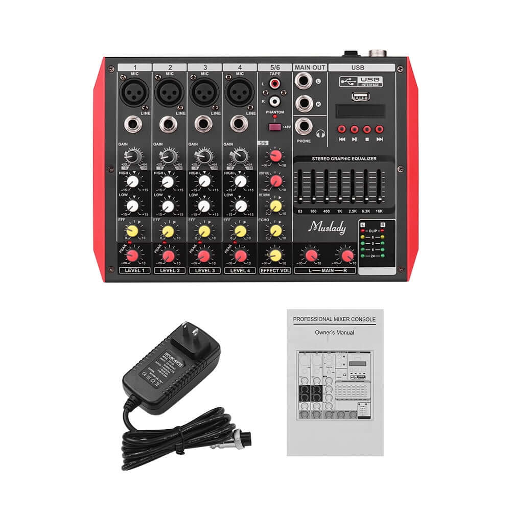 Gadget Wagon Portable 6-Channel Mixing Console Mixer 7-band EQ Built-in 48V Phantom Power Supports BT Connection USB MP3 Player for Music Recording DJ Network Live Broadcast Karaoke Free Shipping