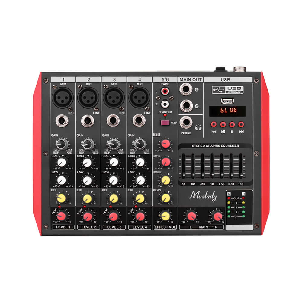 Gadget Wagon Portable 6-Channel Mixing Console Mixer 7-band EQ Built-in 48V Phantom Power Supports BT Connection USB MP3 Player for Music Recording DJ Network Live Broadcast Karaoke Free Shipping