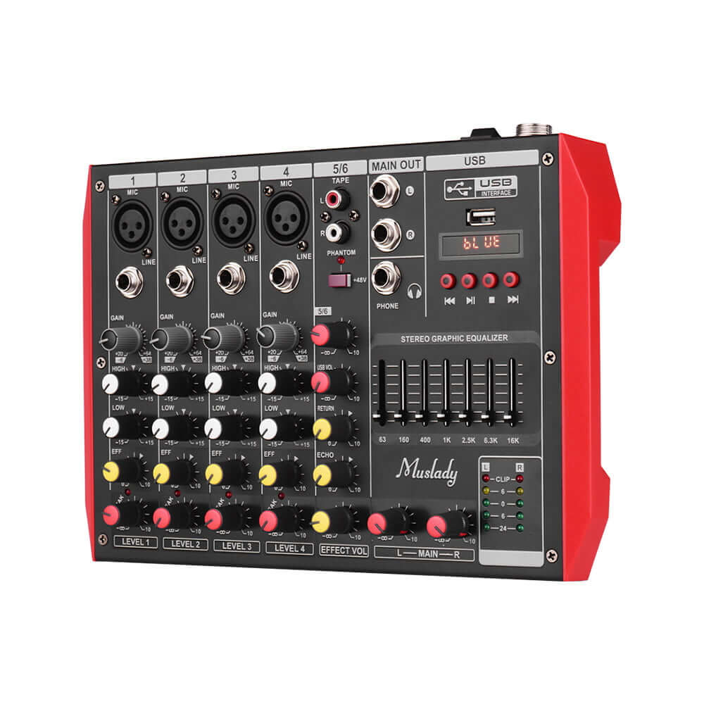 Gadget Wagon Portable 6-Channel Mixing Console Mixer 7-band EQ Built-in 48V Phantom Power Supports BT Connection USB MP3 Player for Music Recording DJ Network Live Broadcast Karaoke Free Shipping
