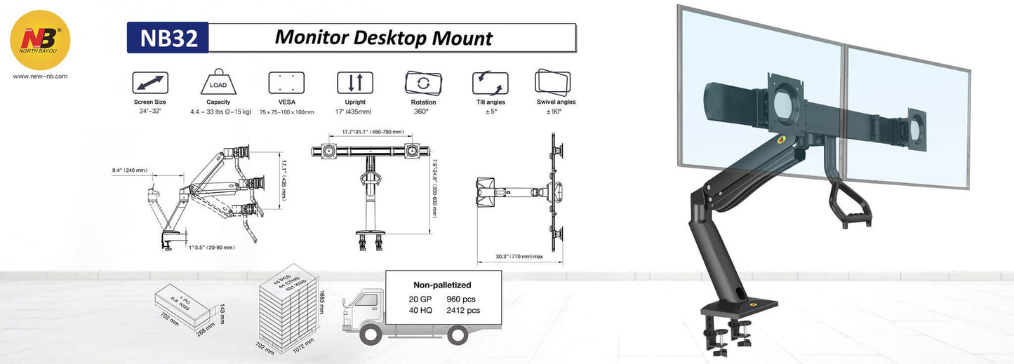 North Bayou NB 32 24 - 32" Dual Monitor Desk Arm long Free shipping