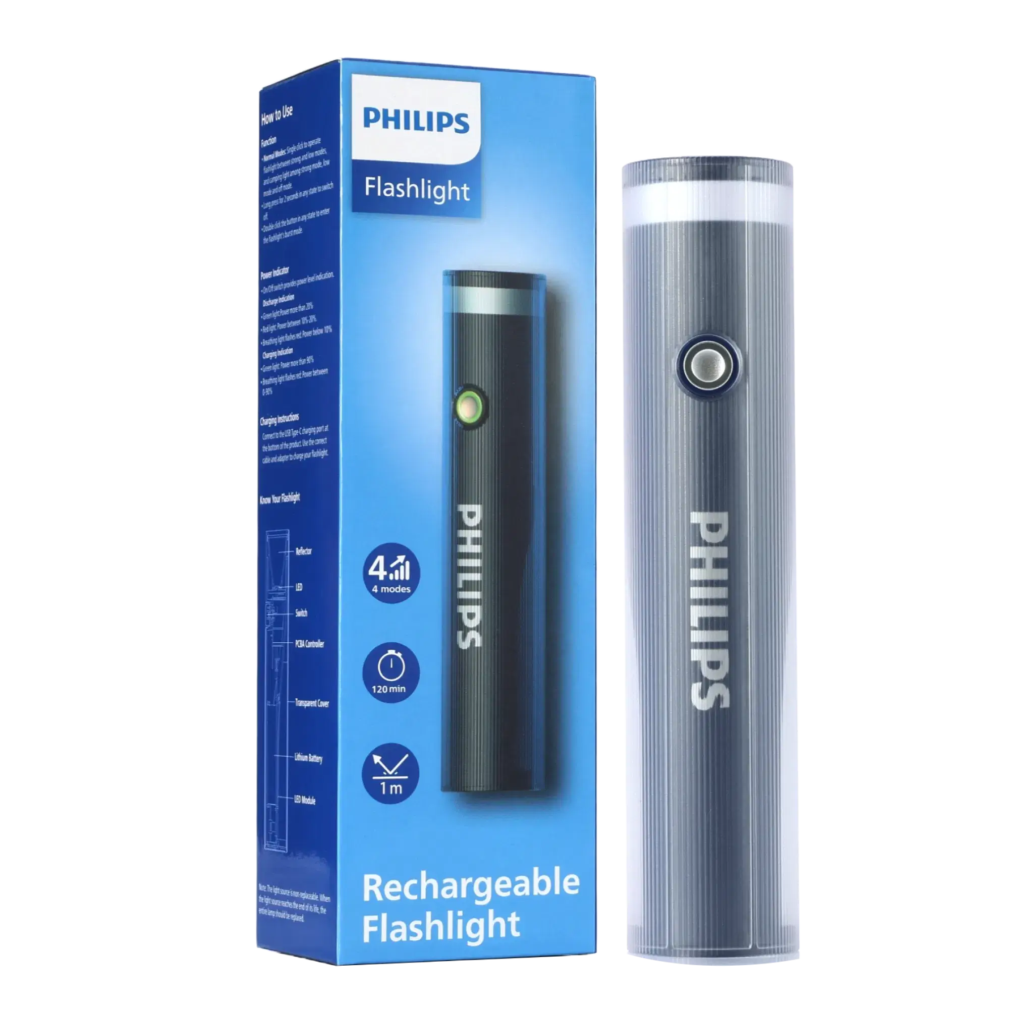 Philips ABS 21cms Multi-Functional Rechargeable Flashlight & Portable Torch Light – 400/350Lumens, 150m Range, 2000mAh SFL1188/56 free shipping