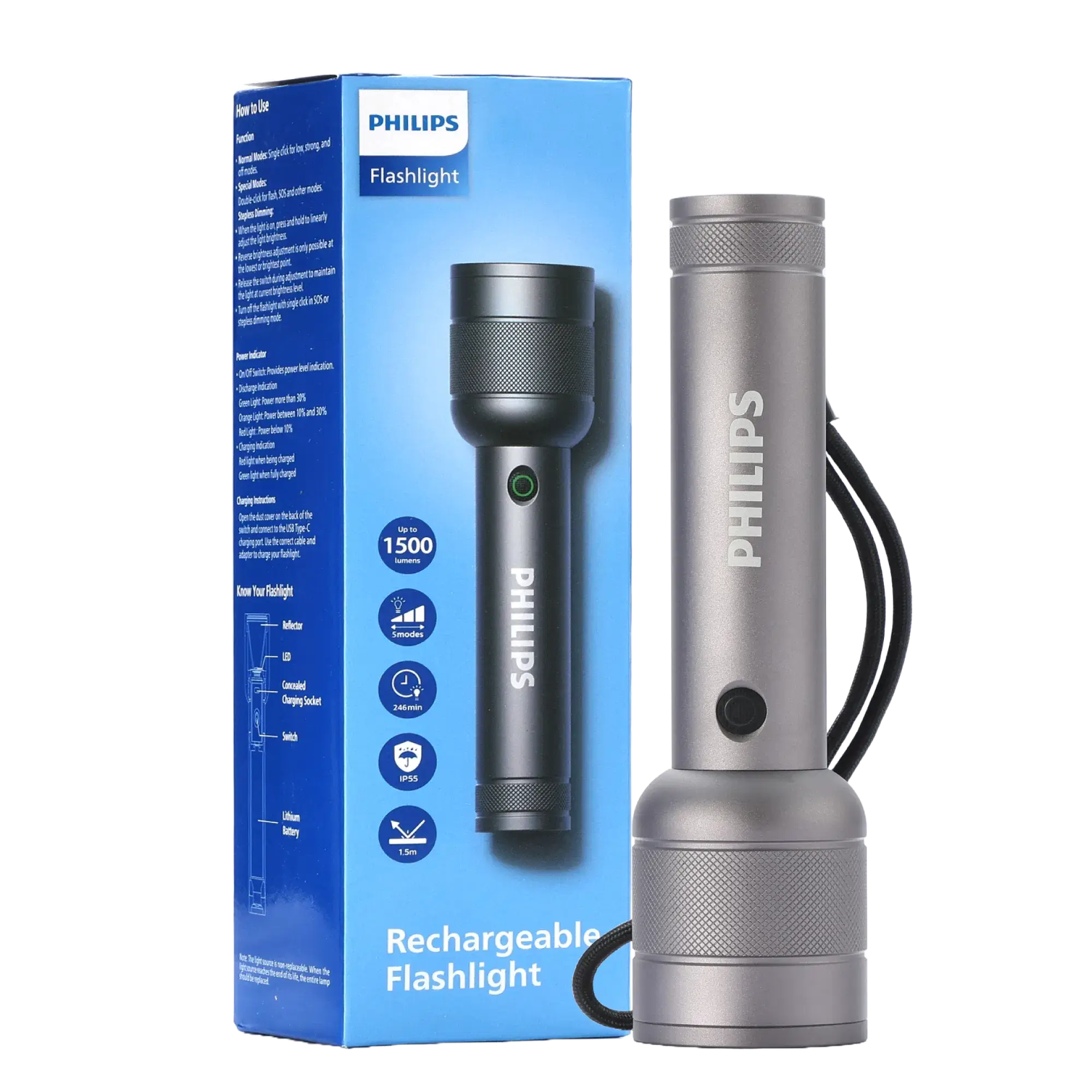 Philips Aircraft Aluminium Alloy 16.5cm LED Rechargeable Flashlight / Torch – 1500Lumens, 368m Range, 3500mAh – SFL6166R/56 free shipping