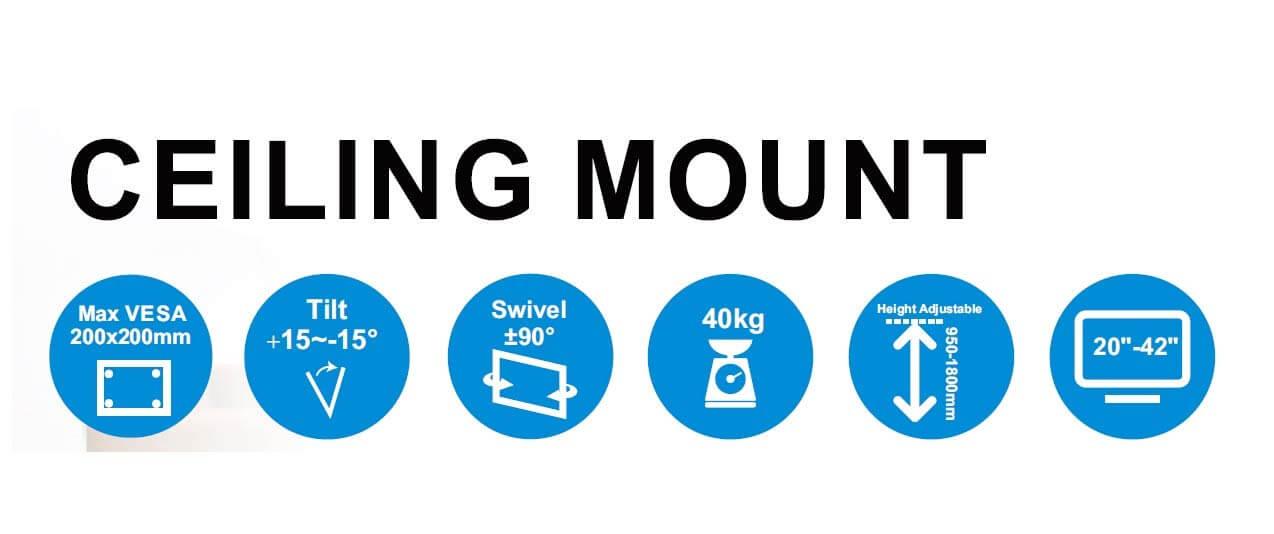 20 to 42 Inches 3 to 6 Feet LED TV Ceiling Wall Mount Tilt VESA 200x200 mm Max - GADGET WAGON TV Wall & Ceiling Mounts FREE SHIPPING