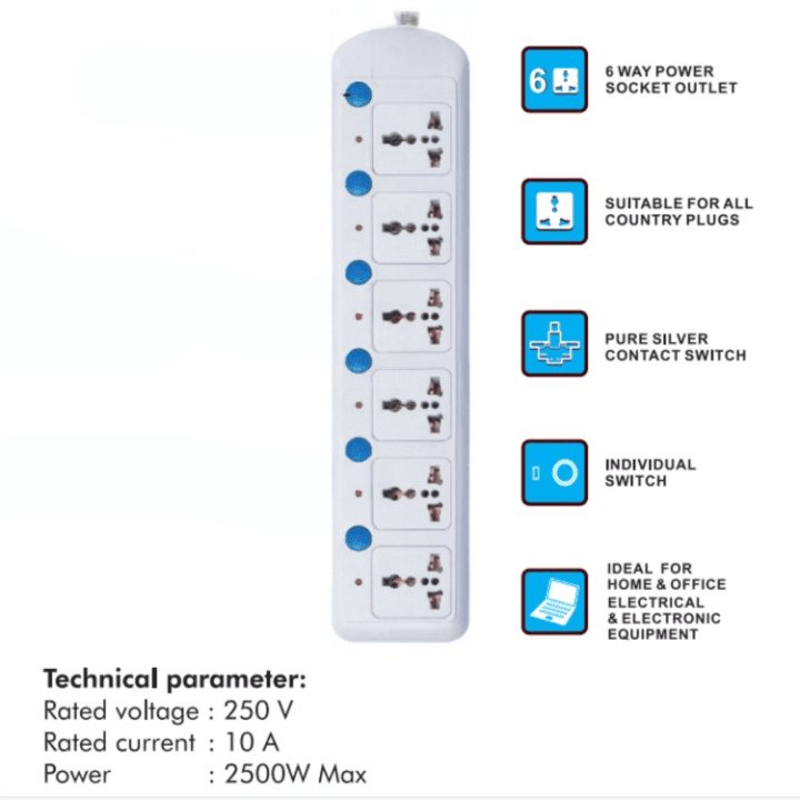 6 Plug Socket 5 Meters Extension Flex Box Individual Switch 5 Meters - GADGET WAGON Power Strips & Surge Suppressors