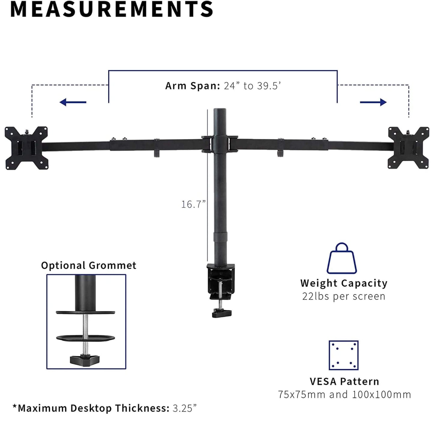 Dual Monitor Desk Arm | 13-27" | 9kg Capacity | Tilt, Swivel, Clamp & Grommet