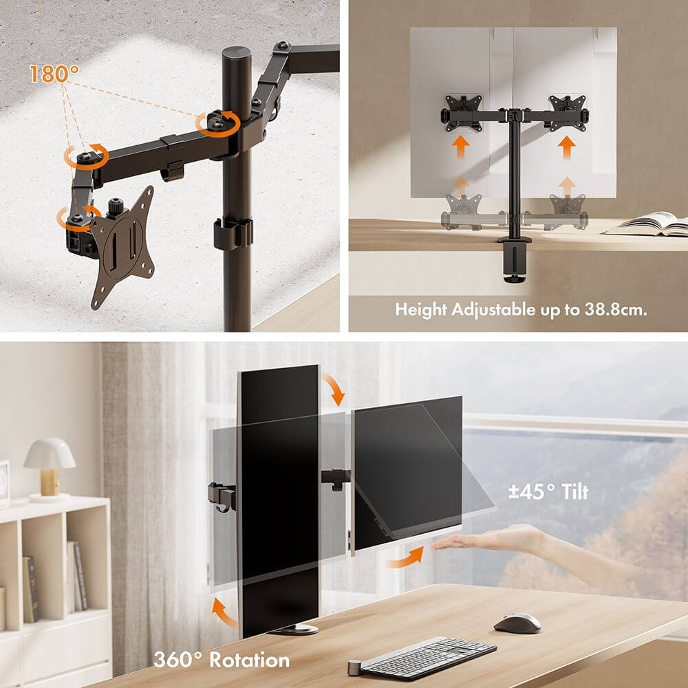 Dual Monitor Desk Arm | 13-27" | 9kg Capacity | Tilt, Swivel, Clamp & Grommet