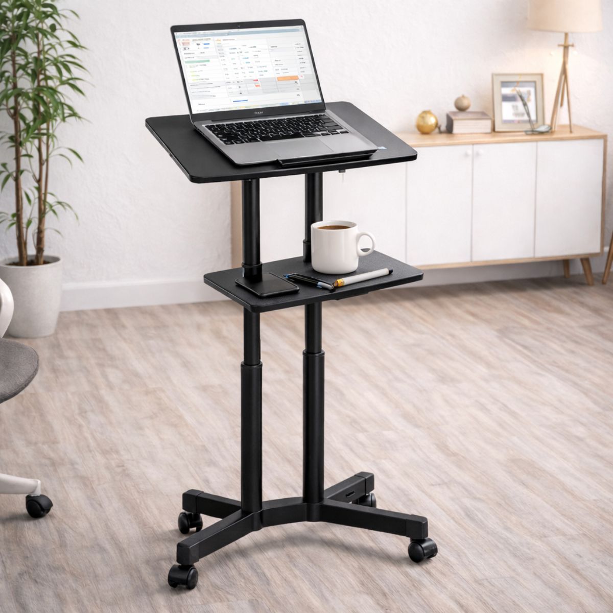 Height Adjustable Laptop Table with Wheels & Tilt | Sit Stand Workstation Dual Shelf free shipping