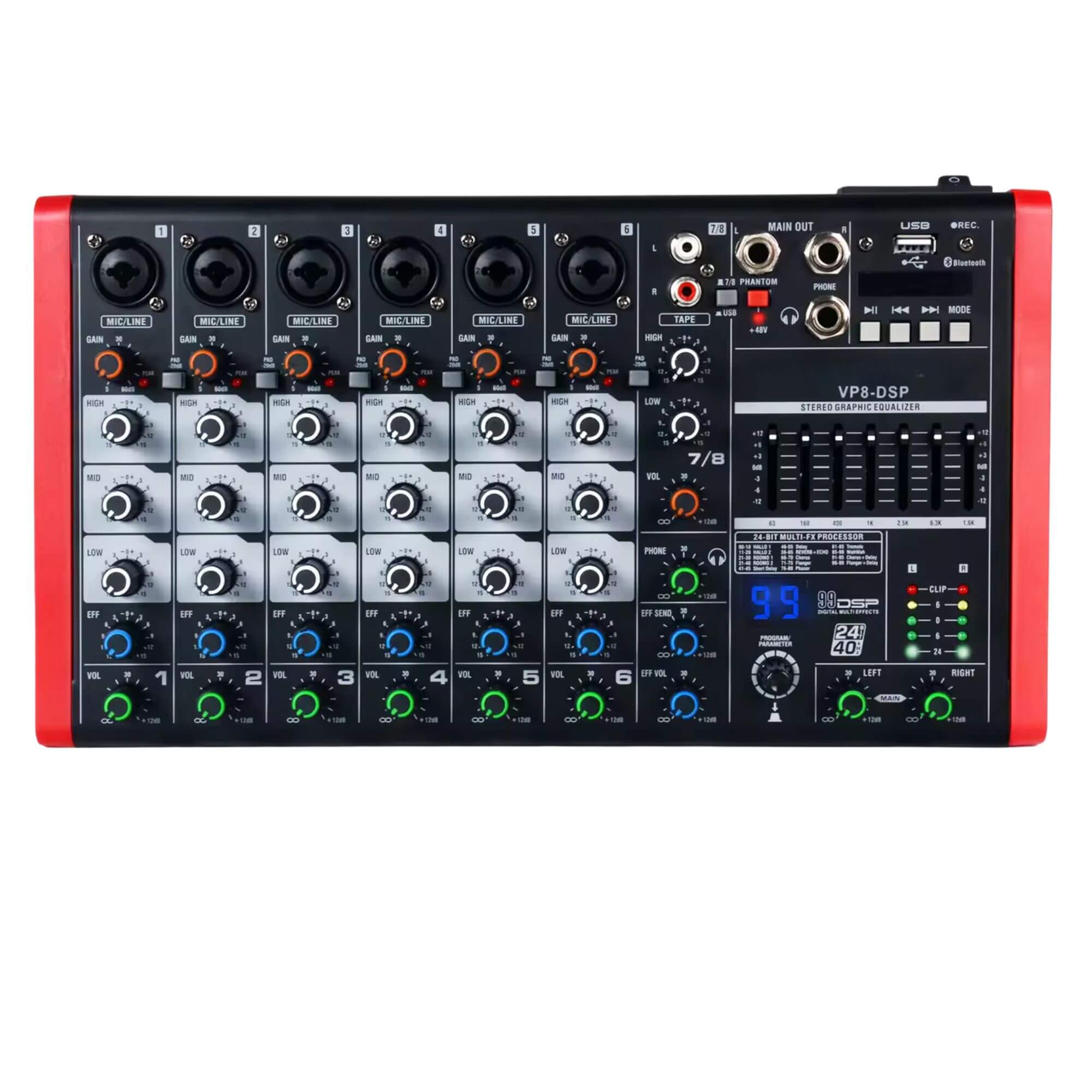 VP8 DJ Mixer: 8 Channel for Studio/Party, USB Recording