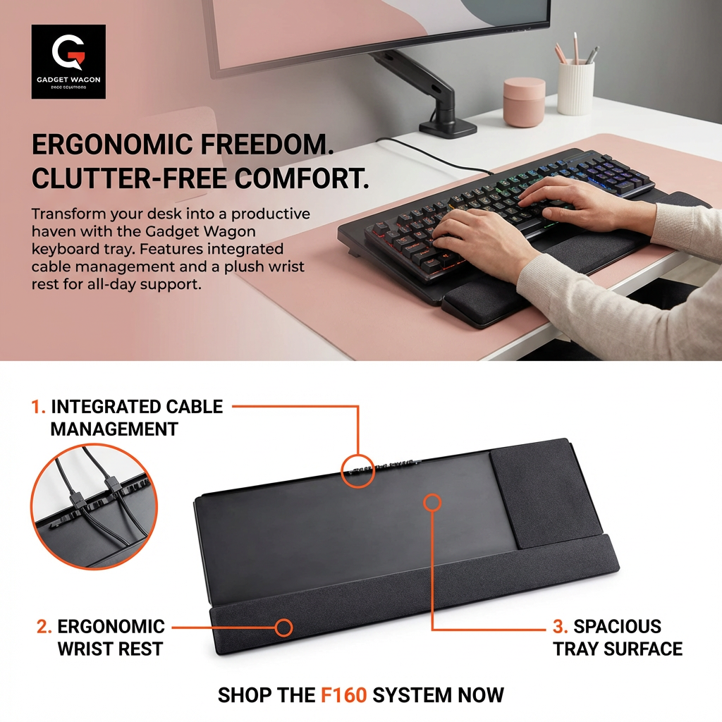 Gadget Wagon Keyboard & Mouse Tray VESA Mount (9.4” x 25.75”) Compatible with VESA Plates free shipping