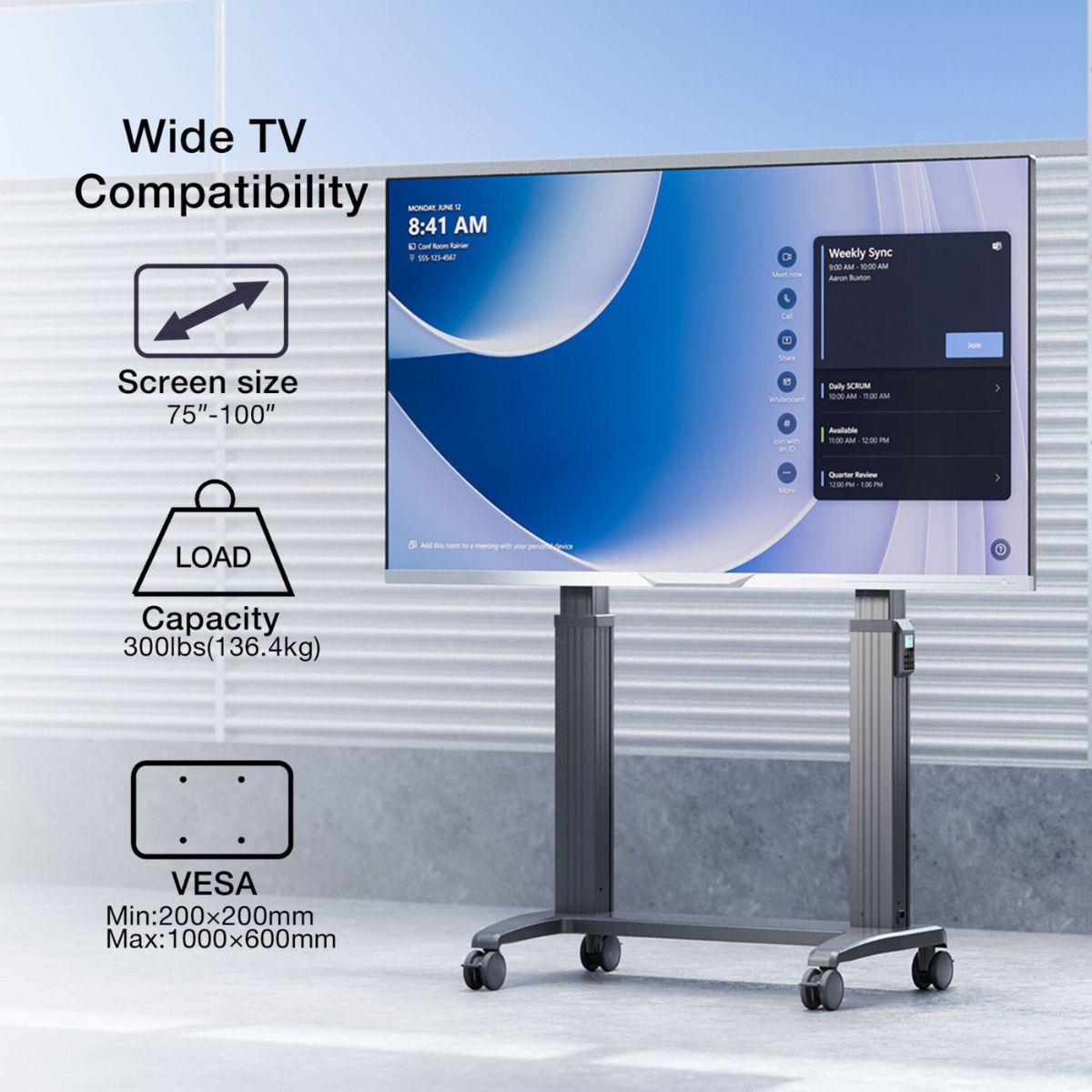 70-120 inch TV Cart Motorized Stand Interactive Panel Lift Heavy Duty | 136.4 Kgs Load Capacity T100