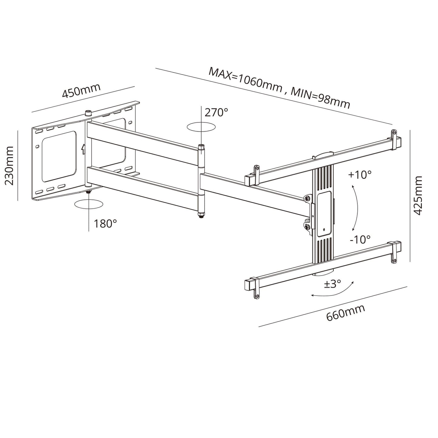 43 to 75 Inches TV Wall Mount, Long Arm 1060 mm, Swivel 270 Degrees, Tilt 20 Degrees, VESA 600x400 mm, 45 kg Load Capacity FREE SHIPPING