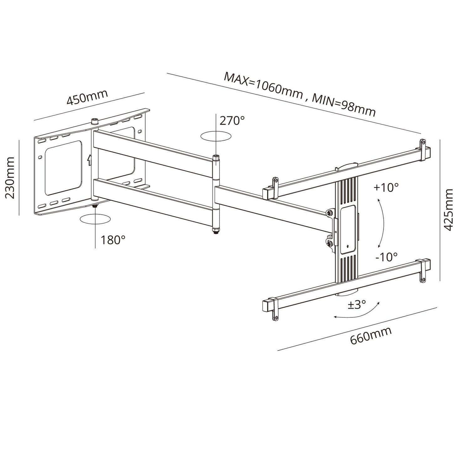 43 to 75 Inches TV Wall Mount, Long Arm 1060 mm, Swivel 270 Degrees, Tilt 20 Degrees, VESA 600x400 mm, 45 kg Load Capacity FREE SHIPPING