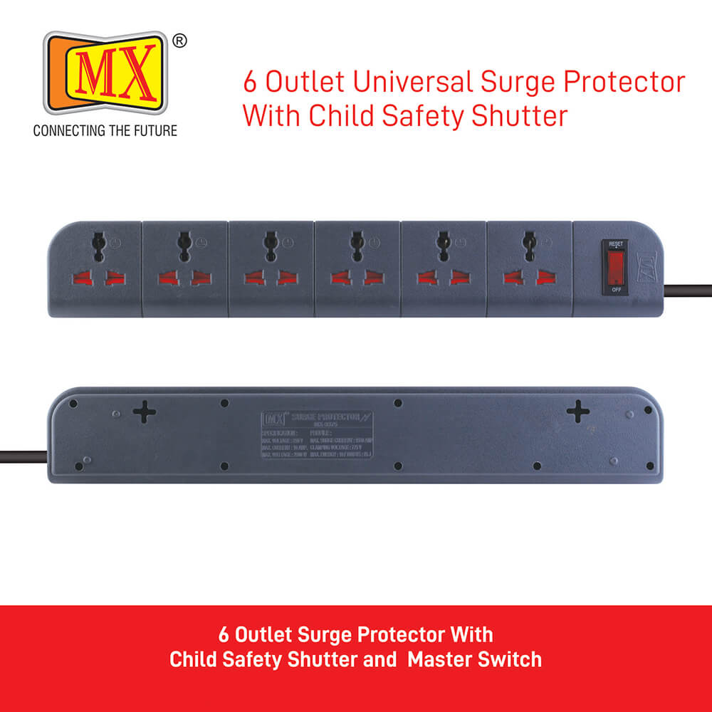 MX 6 Outlet Surge Protector 1.5 mtr Power Cord,safety Shutter