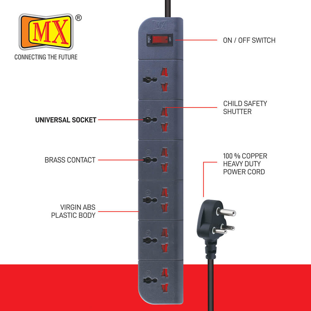 MX 6 Outlet Surge Protector 1.5 mtr Power Cord,safety Shutter