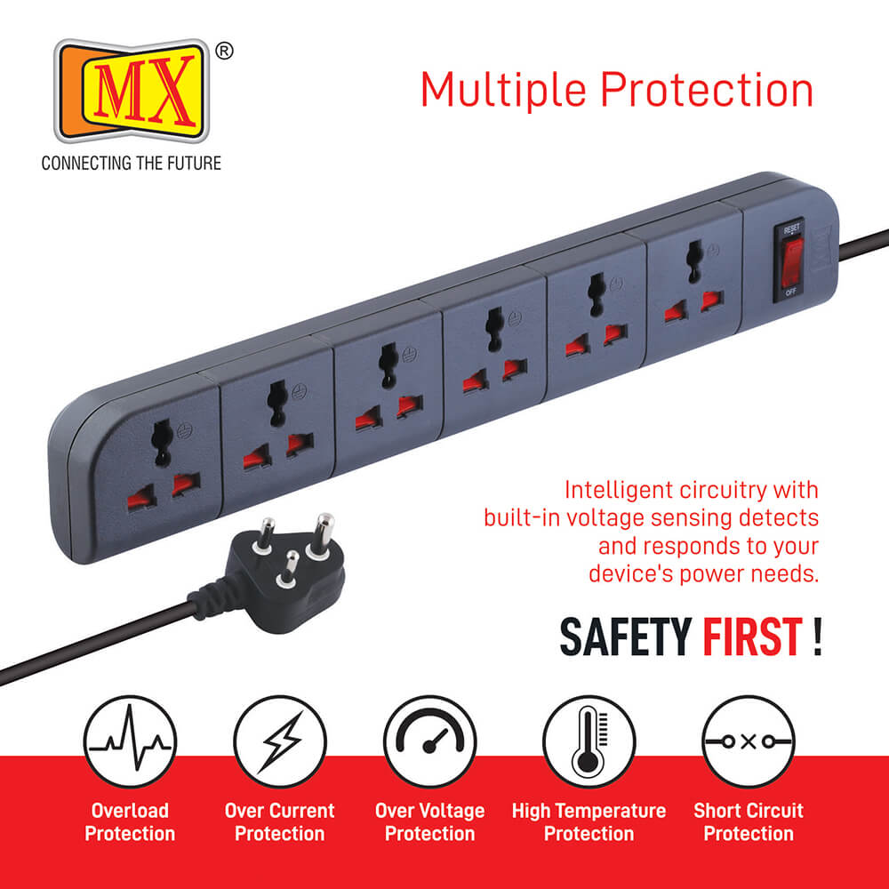 MX 6 Outlet Surge Protector 1.5 mtr Power Cord,safety Shutter