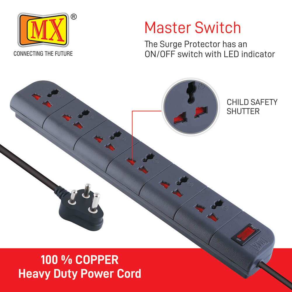 MX 6 Outlet Surge Protector 1.5 mtr Power Cord,safety Shutter