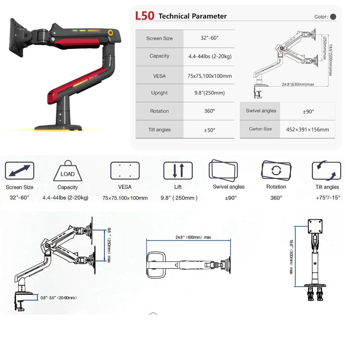 North Bayou 32-60 inches Gaming Monitor Gas Spring Desk Arm L50 | 2-20 Kgs Load Capacity free shipping