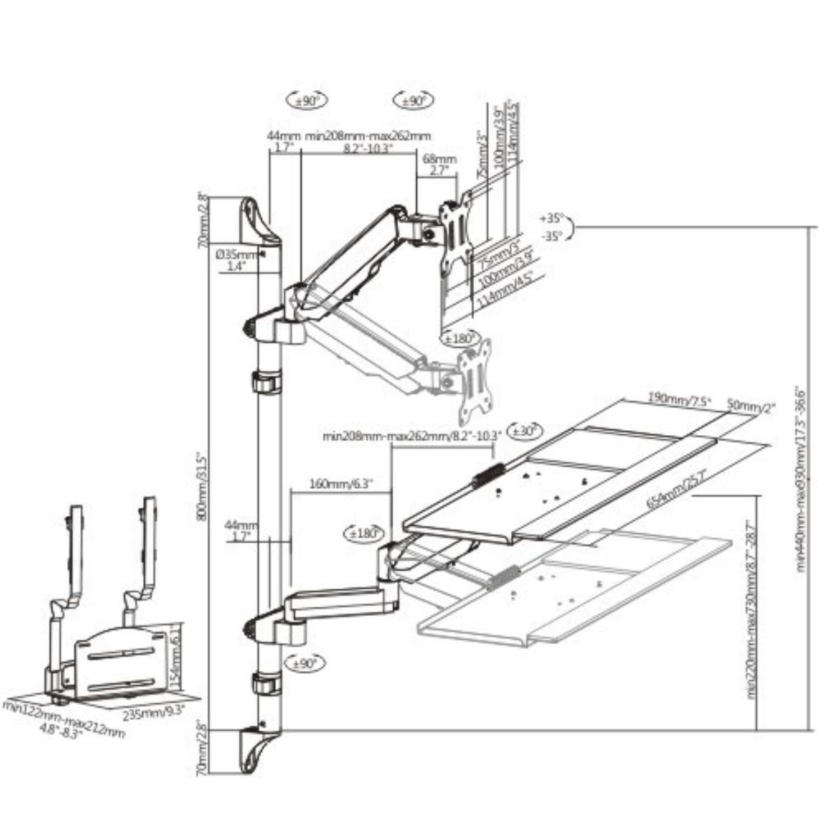 17"-32" Monitor & CPU Wall Mount Gas Spring Arm PC Computer Holder