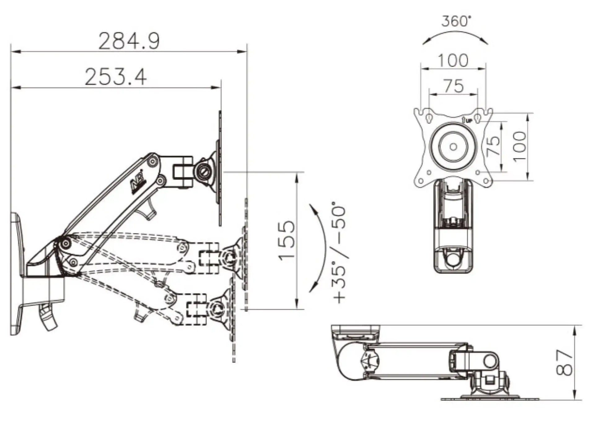 17-27 Inch Gas Spring Monitor Wall Mount Bracket Full Motion Articulating Swivel for Display - NB F120 Free Shipping