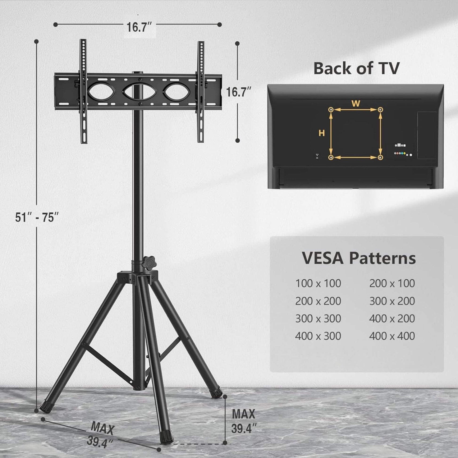 Gadget Wagon TV Stand Tripod 3-6ft Up to 55" 35kg VESA 400x400mm free shipping
