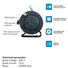 Gadget Wagon 50 Meters Cable Reel Power Supply Extension Roll 4 Universal Sockets, With Fuse Free shipping