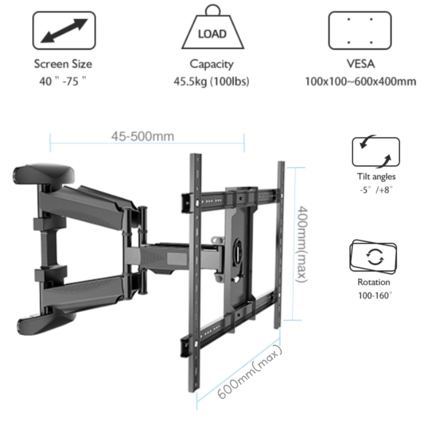 40 -75" TV Wall Mount Full Motion, Swivel & Tilt 45.5 kgs Capacity