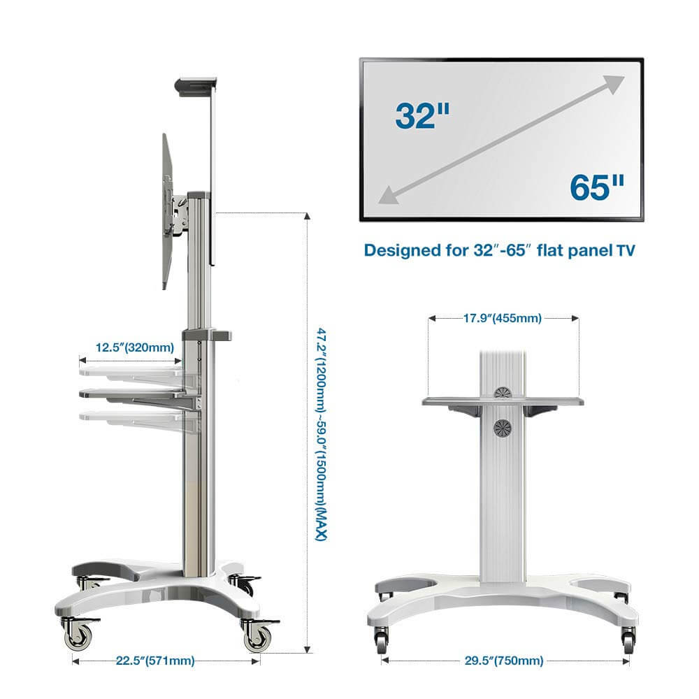 NB North Bayou Mobile TV Cart Stand with Wheels White Mount for 32-65 Inch LCD LED OLED Plasma Flat Panel Screens Aluminum (White) AVF 1500-50-1P