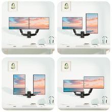 Four views of a dual monitor stand with screens displaying a scenic view.