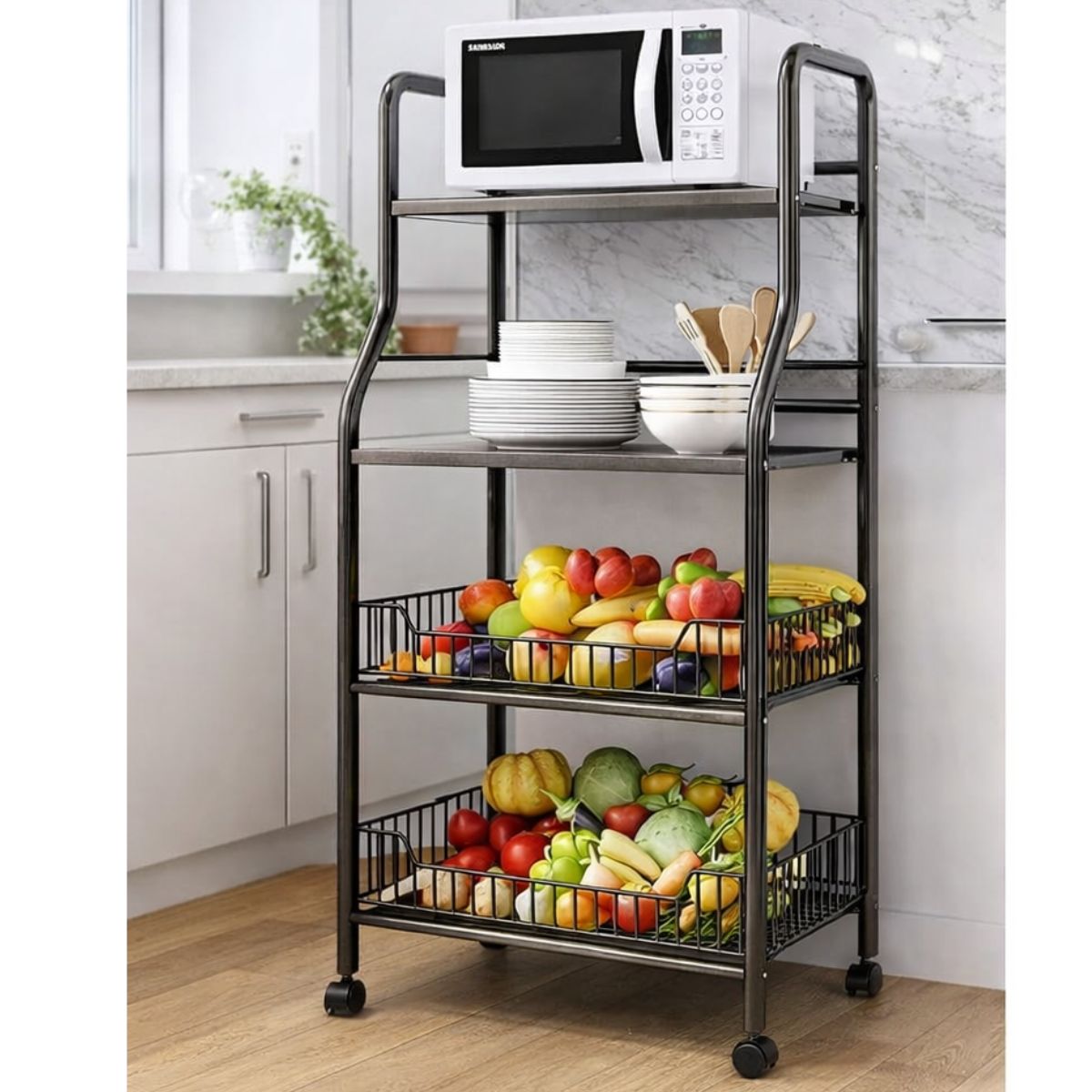 Gadget Wagon Microwave Oven Rack Metal Kitchen Trolley Cart – 4 Tier Movable Storage Organizer free shipping