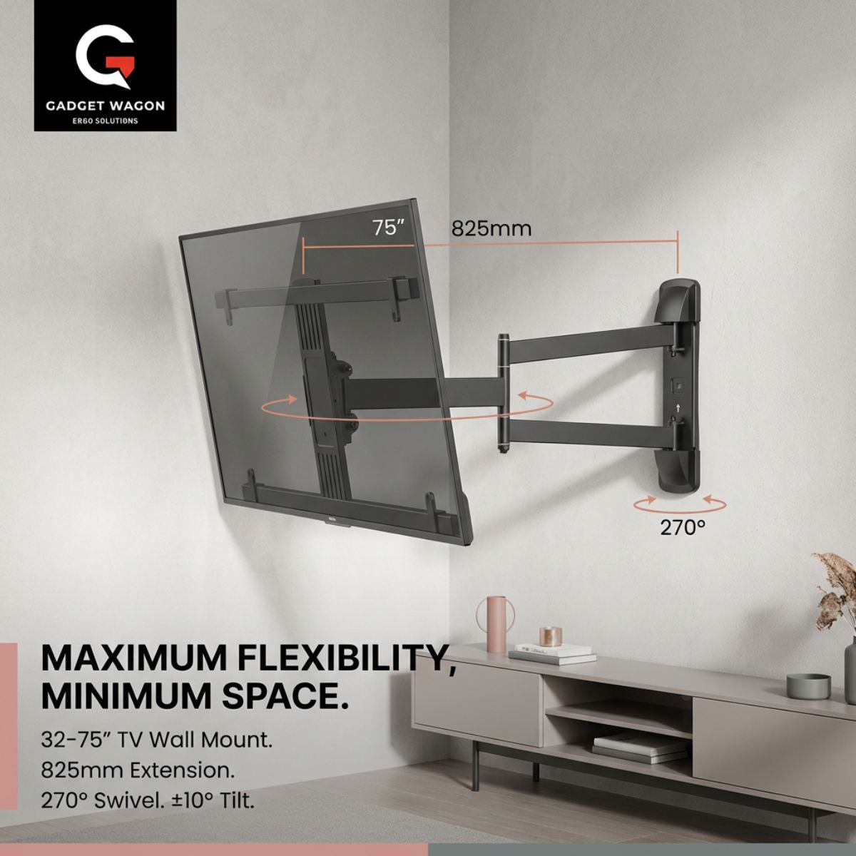 32- 75 Inches TV Wall Mount Long Arm Extension 825 mm Swivel & Tilt