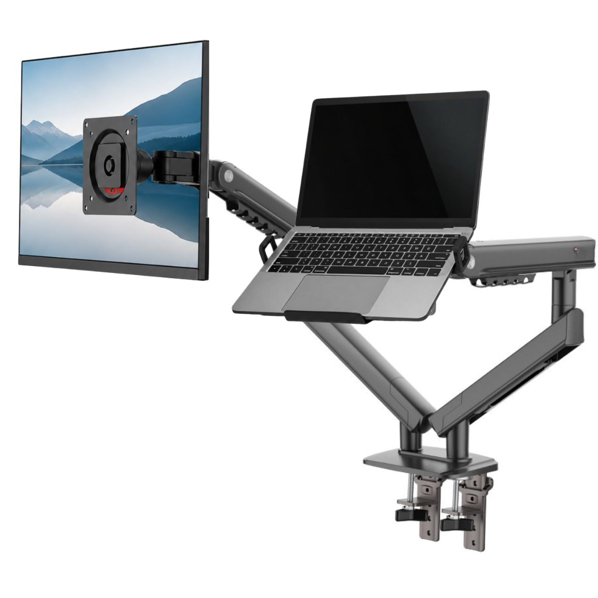 Gadget Wagon Monitor Arm with Laptop Tray | Adjustable Desk Mount for 17-32” Monitors & Up to 16” Laptops | Dual Screen Ergonomic Setup, free shipping