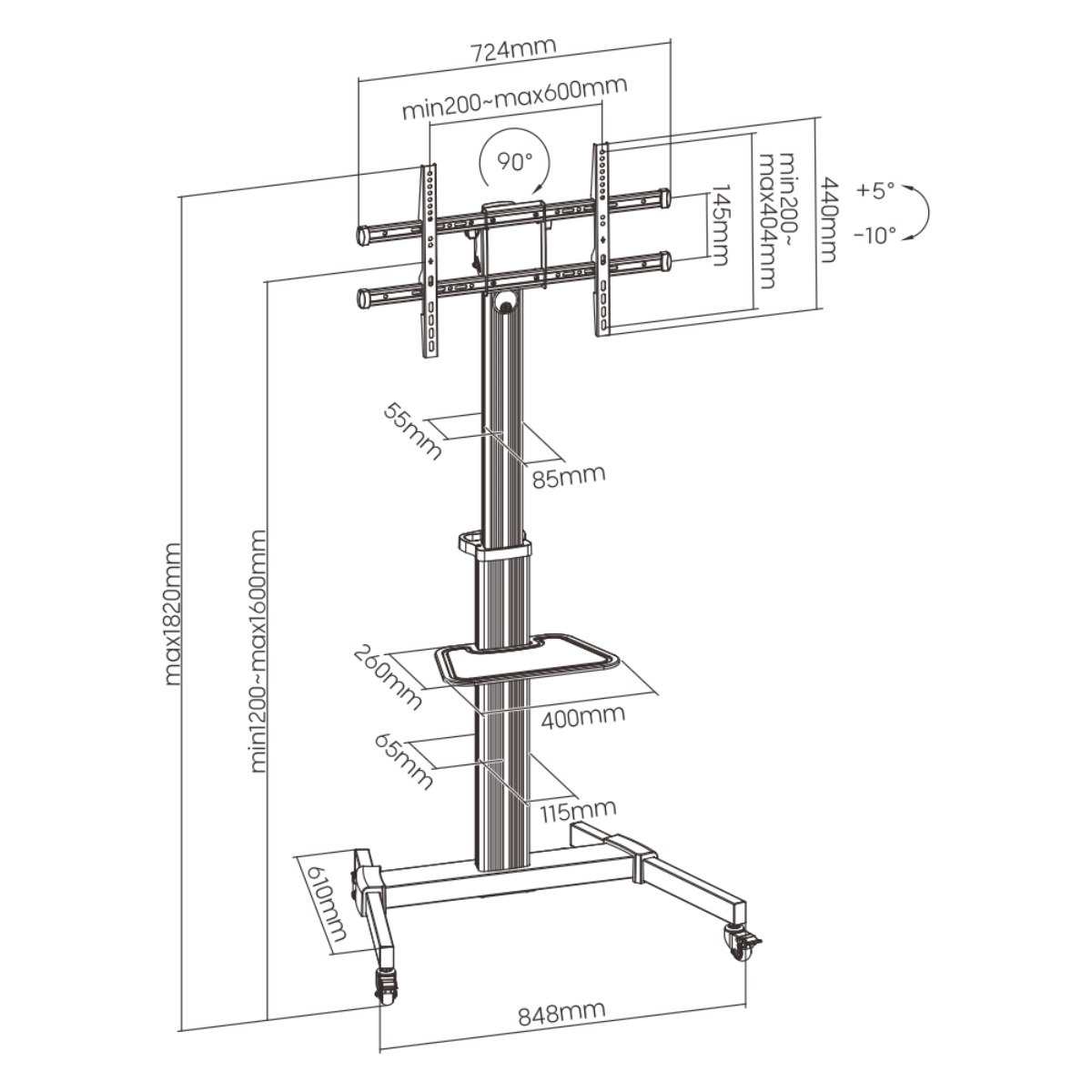 TV floor stand with wheel adjustable orientation for portrait and landscape viewing 