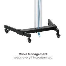 TV floor stand with wheel adjustable orientation for portrait and landscape viewing  Black cable management system 