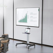 TV floor stand with wheel adjustable orientation for portrait and landscape viewing 