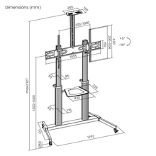 Technical drawing of a TV stand with dimensions labeled
