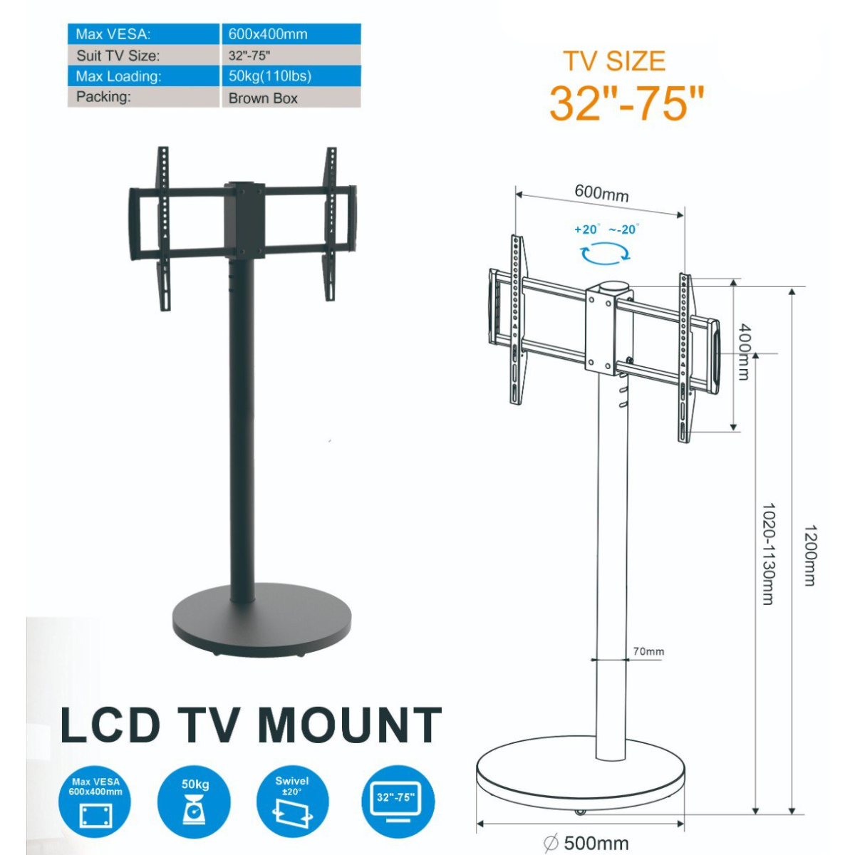 Universal TV Floor Stand Trolley for 32–75 Inch LED/LCD/Smart TVs,Height Adjustable,Heavy-Duty Metal,VESA 75×75–400×400 , free shipping