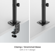 Two views of a clamp and grommet base 