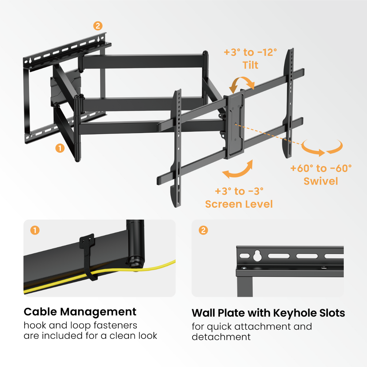 Lumi 43″–90″ Extra Long Arm Full-Motion TV Wall Mount – 1080mm Extension LPA84-486XL
