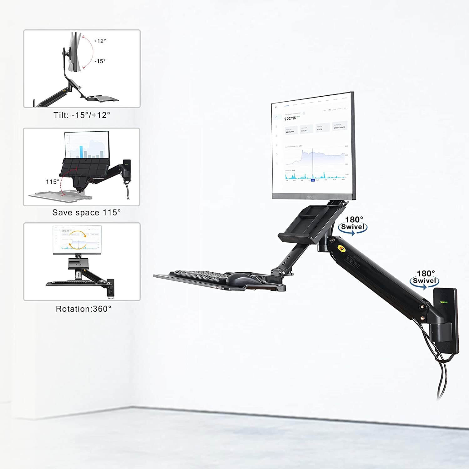 NB Sit Stand Desk Monitor Keyboard Gas Spring Wall Mount MB32