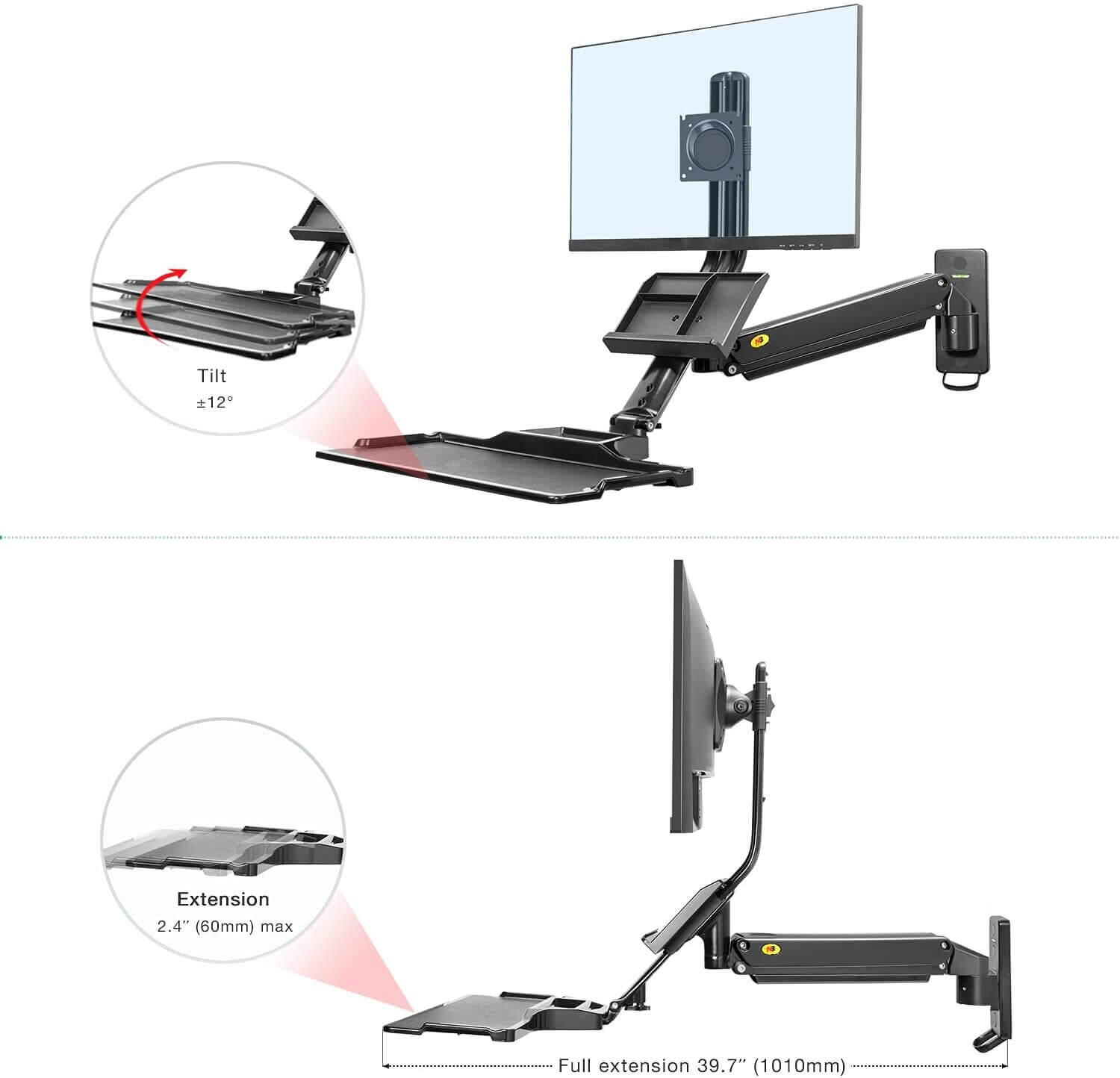 NB Sit Stand Desk Monitor Keyboard Gas Spring Wall Mount MB32