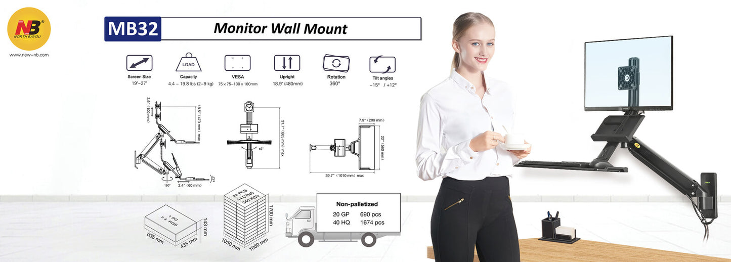 NB Sit Stand Desk Monitor Keyboard Gas Spring Wall Mount MB32