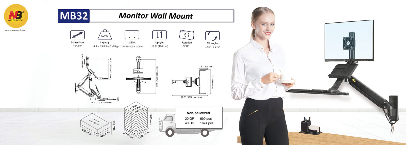 NB Sit Stand Desk Monitor Keyboard Gas Spring Wall Mount MB32