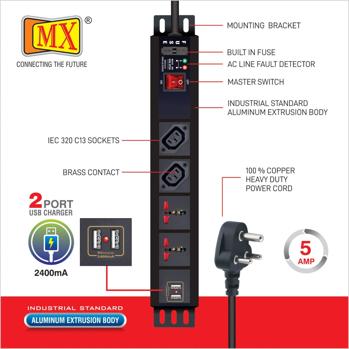 MX 6A Power Distribution Unit with IEC C13, Universal Sockets & Dual USB Ports,Aluminum Body,Child Safety Shutter,Wall/Desk Mount,1.5m Heavy-Duty Cord, free shipping