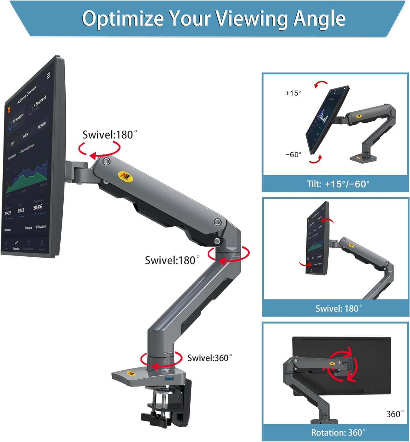 NB 22-45" Gas Spring Monitor Arm w/ 360° Swivel & Tilt | G60 Free Shipping