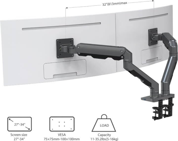 NB 27-34" Gas Spring Dual Monitor Arm w/ 360° Swivel & Tilt G65 Free Shipping