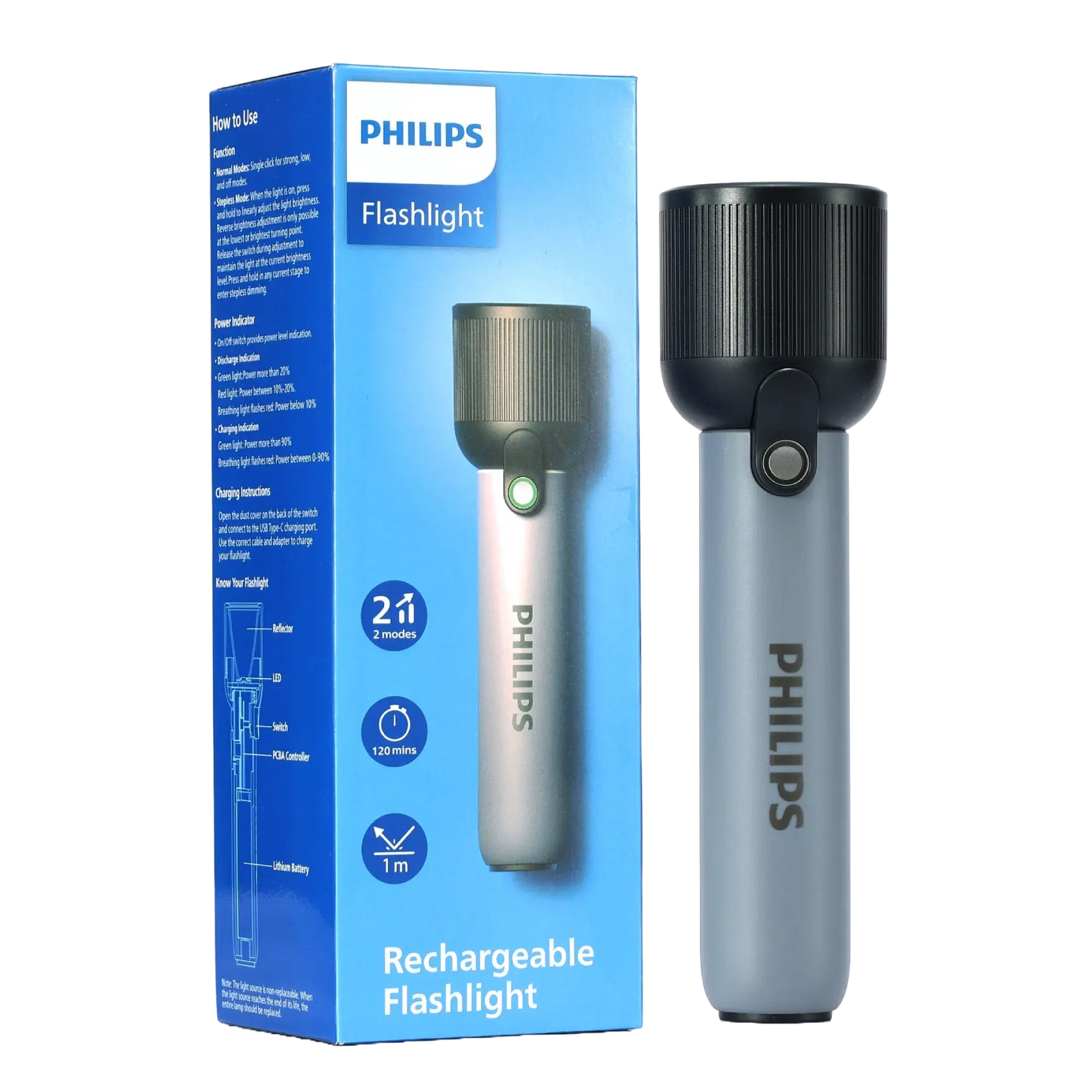 Philips ABS 17.1cms LED Rechargeable Flashlight / Torch – 400Lumens, 150m Range, 2000mAh SFL1181/56 free shipping